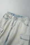 Jeans casual a vita alta in denim a vita alta con tasca patchwork azzurra