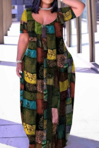 Veelkleurige casual street print patchwork lange jurk met U-hals