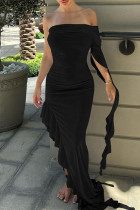 Черное сексуальное однотонное платье в стиле пэчворк с воланами, асимметричное платье с открытыми плечами, асимметричное платье