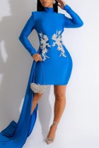 Синие сексуальные однотонные платья с длинным рукавом и водолазкой в ​​стиле пэчворк