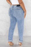 Diepblauwe Street Solid gescheurde patchwork jeans met hoge taille
