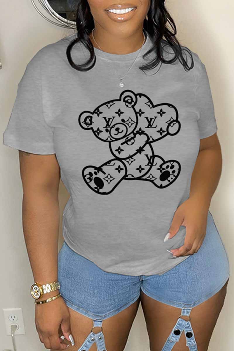 

Grey Casual Print Patchwork Letter O Neck T-Shirts