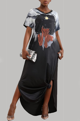 Grey Casual Street Print Patchwork V Neck Straight Dresses