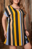 Yellow Casual Striped Print Basic V Neck Short Sleeve Dress Plus Size Dresses