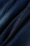 Diepblauwe casual effen patchwork-denimjeans met hoge taille