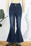 Jeans de mezclilla de cintura alta de patchwork sólido informal azul profundo