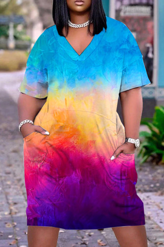 Sky Blue Casual Print Patchwork V Neck Short Sleeve Dress