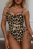 Costumi da bagno senza schienale con frenulo nero sexy con cordino leopardato (con imbottiture)