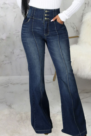 Deep Blue Casual Solid Patchwork High Waist Denim Jeans