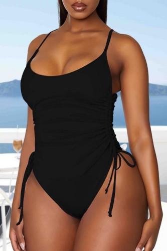 Black Sexy Solid Leopard Draw String Frenulum Backless Swimwears (With Paddings)