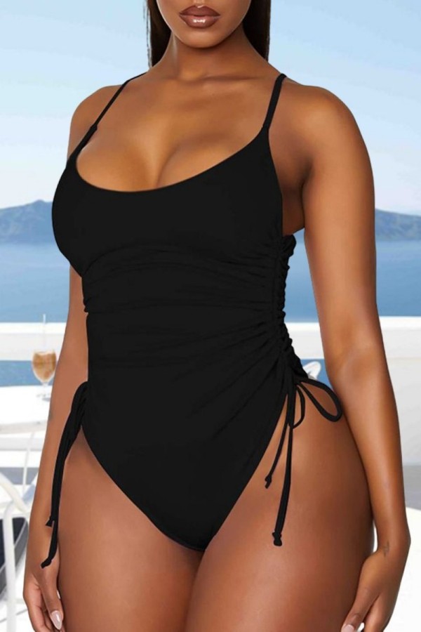 Zwart sexy effen luipaard koord frenulum backless swimwears (met vullingen)