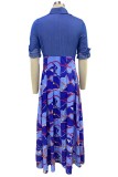 Blauwe casual print patchwork overhemdkraag lange jurkjurken