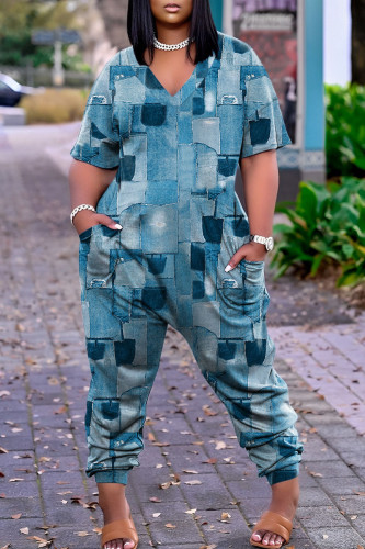 The cowboy blue Street Print Patchwork V Neck Harlan Jumpsuits
