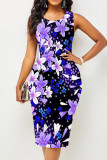 Темно-фиолетовое повседневное платье с принтом в стиле пэчворк и U-образным вырезом Платья