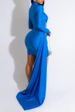 Blue Sexy Solid Patchwork Turtleneck Long Sleeve Dresses