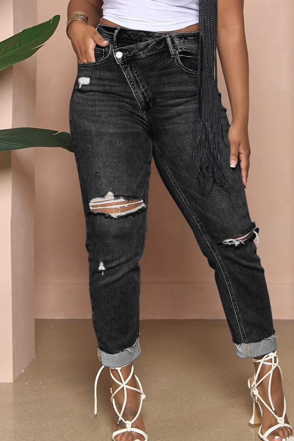Black Street Solid Patchwork High Waist Ripped Denim Jeans