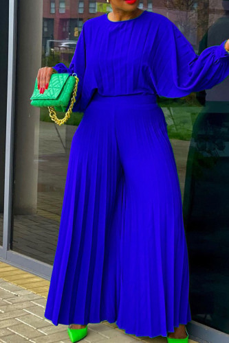 Blue Casual Solid Patchwork O Neck Long Sleeve Two Pieces