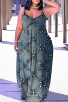 Серо-синий сексуальный повседневный принт с открытой спиной и бретельками длинное платье Платья