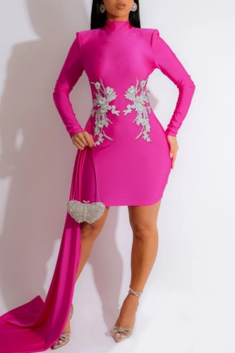 Rose Red Sexy Solid Patchwork Turtleneck Long Sleeve Dresses