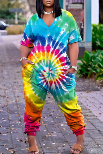 Colour Street Print Patchwork V Neck Harlan Jumpsuits
