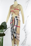 Kaki sexy print patchwork V-hals onregelmatige jurkjurken