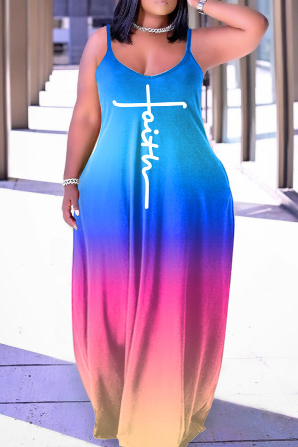 Light Blue Rainbow Sexy Casual Print Backless Spaghetti Strap Long Loose Cami Maxi Dresses