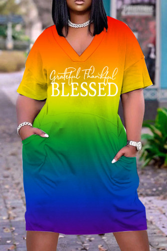 Orange Yellow Casual Print Basic V Neck Short Sleeve Dress