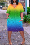 Robe multicolore décontractée à imprimé patchwork et col en V à manches courtes