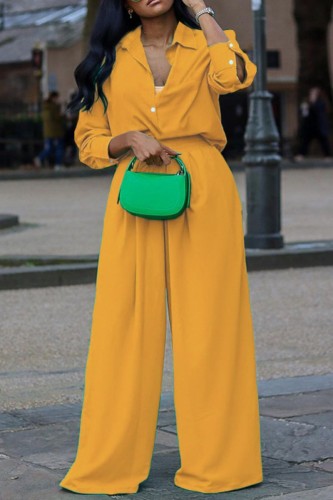 Yellow Casual Solid Patchwork Shirt Collar Long Sleeve Two Pieces