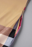 Bruine casual print patchwork schuine kraag rechte jurken
