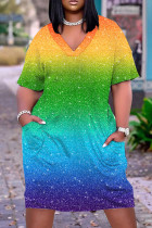 Orange Green Casual Rainbow Print Patchwork V Neck Short Sleeve T-shirt Loose Dress