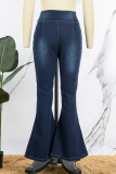 Tiefblaue, lässige, solide Patchwork-Denim-Jeans mit hoher Taille
