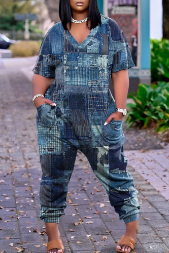 The cowboy blue Street Print Patchwork V Neck Harlan Jumpsuits