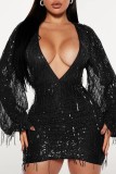 Black Casual Patchwork Tassel Sequins V Neck Long Sleeve Dresses