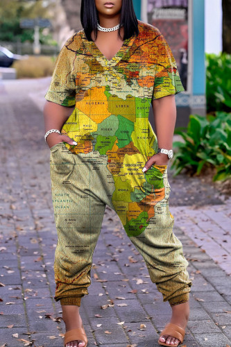 Green Yellow Street Print Patchwork V Neck Harlan Jumpsuits
