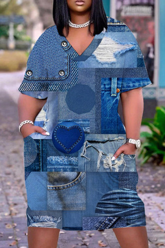 Blue Casual Print Patchwork V Neck Short Sleeve Dress