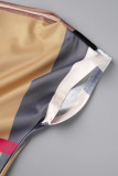 Robes droites à col oblique en patchwork imprimé décontracté marron
