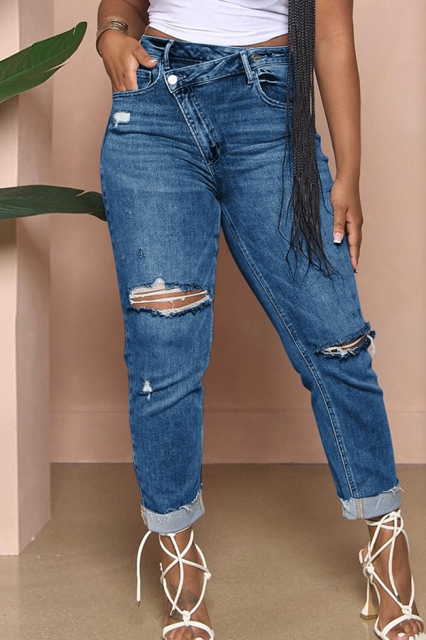 Tiefblaue, zerrissene Patchwork-Denim-Jeans mit hoher Taille