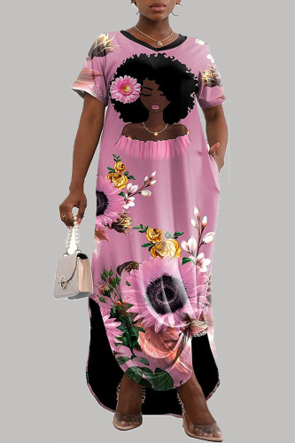 Pink Casual Street Print Patchwork V Neck Straight Dresses