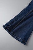 Jeans in denim a vita alta con patchwork solido blu scuro