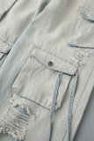 Hellblaue, lässige, solide, zerrissene College-Jeans mit hoher Taille und Patchwork-Taschen