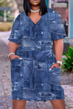 Navy Blue Casual Rainbow Print Patchwork V Neck Short Sleeve T-shirt Loose Dress