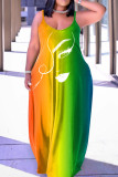 Sky Blue Rainbow Sexy Casual Print Backless Spaghetti Strap Long Loose Cami Maxi Dresses