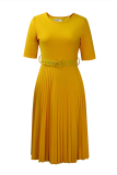 Yellow Casual Print Fold O Neck Waist Skirt Dresses