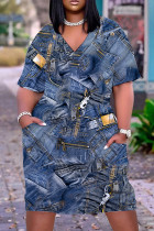 Marineblauwe casual print patchwork jurk met V-hals en korte mouwen