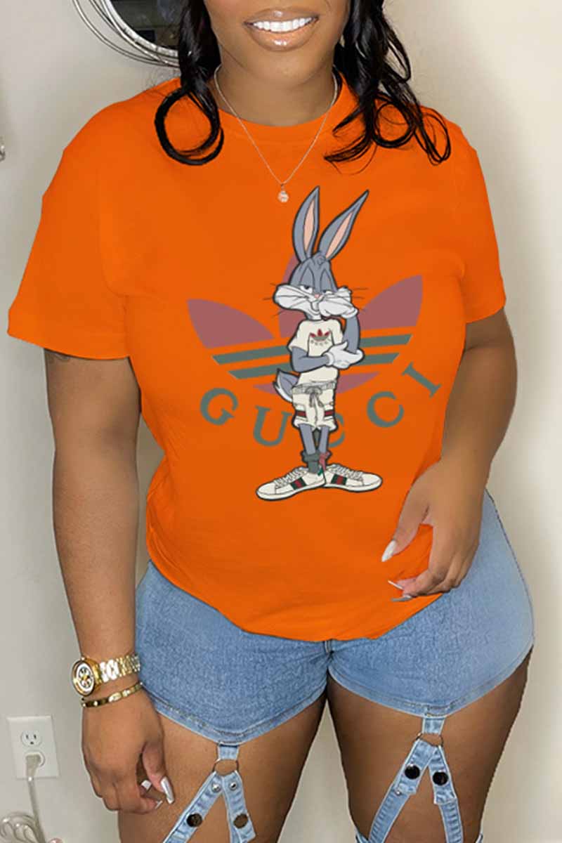 

Orange Casual Character Print Letter O Neck T-Shirts