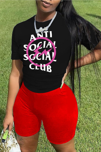 Red Casual Print Patchwork O Neck Short Sleeve Two Pieces