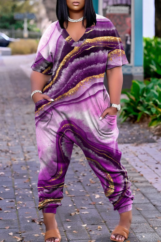 Purple Street Print Patchwork V Neck Harlan Jumpsuits