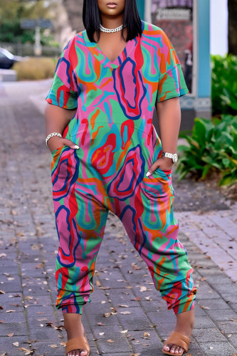 Rose Red Blue Street Print Patchwork V Neck Harlan Jumpsuits