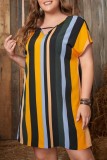 Yellow Casual Striped Print Basic V Neck Short Sleeve Dress Plus Size Dresses